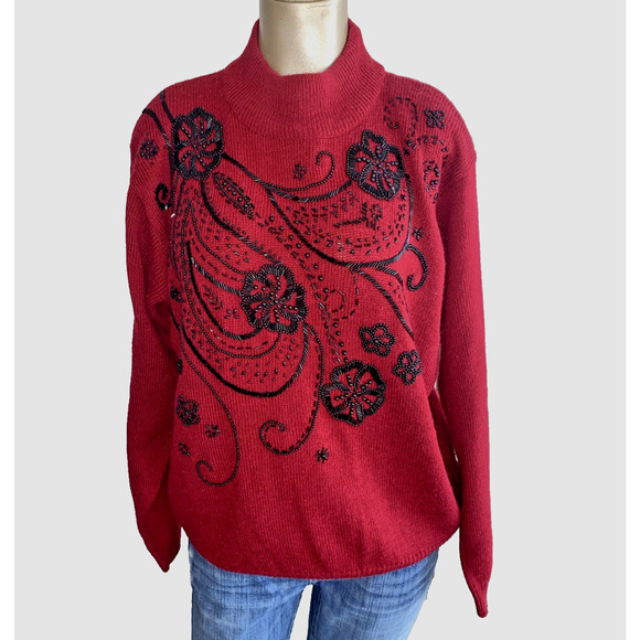 Alfred Dunner Women Large VTG Pullover Sweater Red Black sequin Floral - Picture 1 of 7